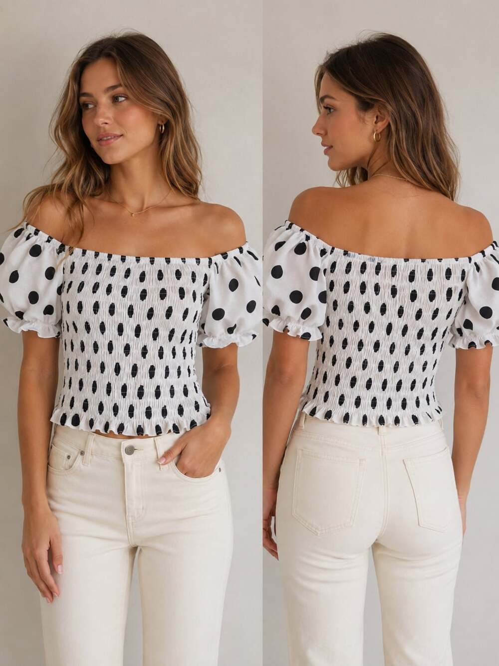POL Women's Off-Shoulder Shirred Polka Dot Puff Sleeve Crop Top